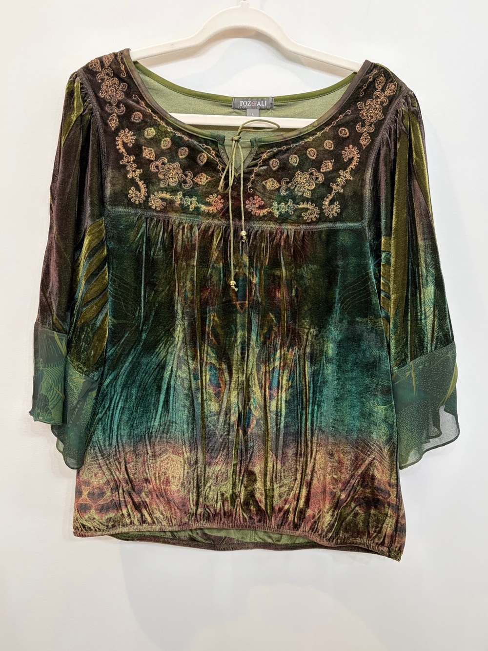 Roz & Ali Iridescent Green Velvet Top Embroidered Dark Fairy Whimsigoth Womens L
